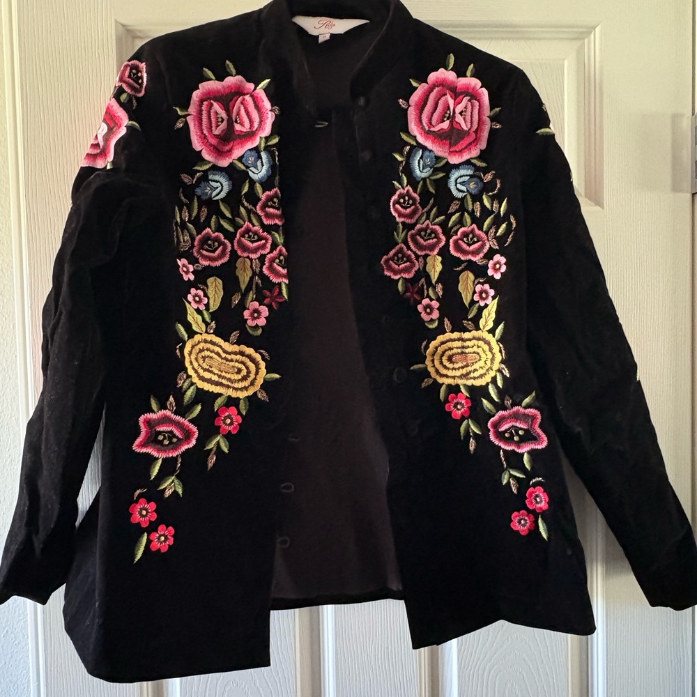 Elegant Black and Pink Floral Embroidered Suit Jacket